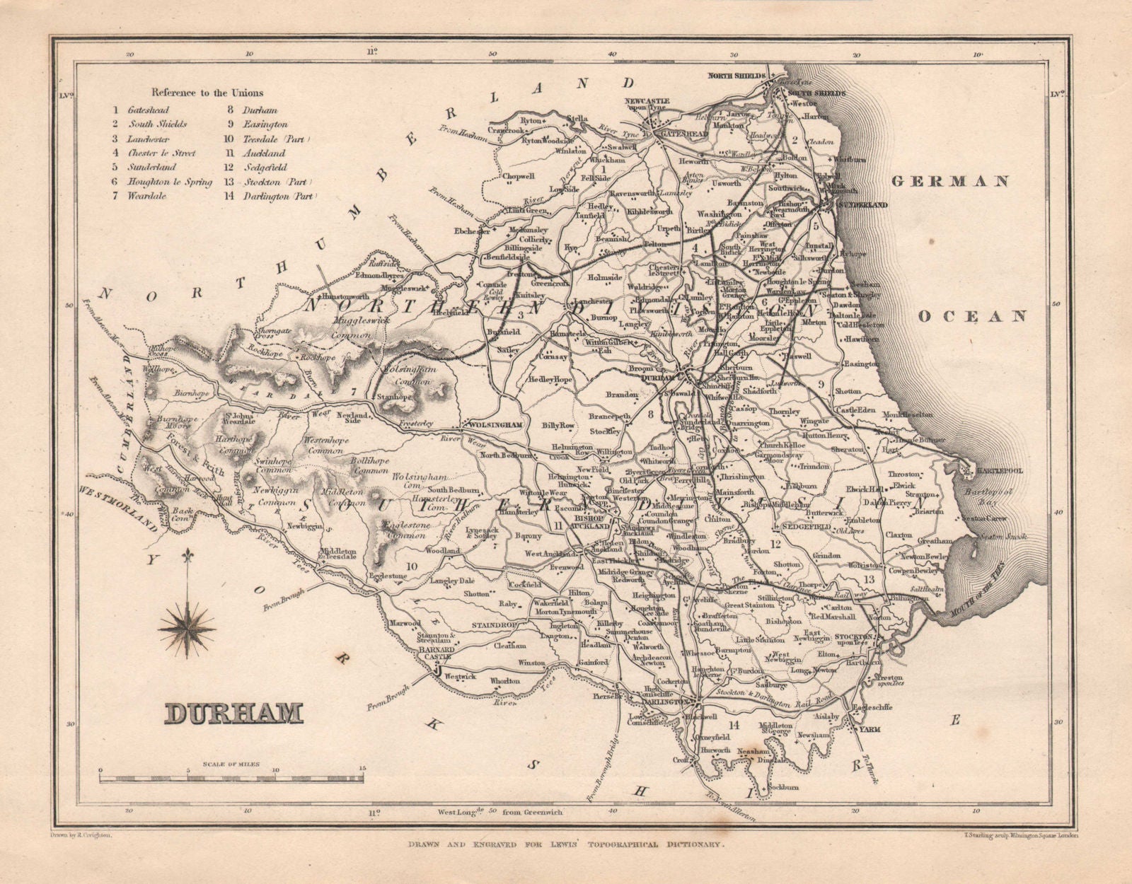 Antique county map of DURHAM by Starling & Creighton for Lewis. Unions c1840